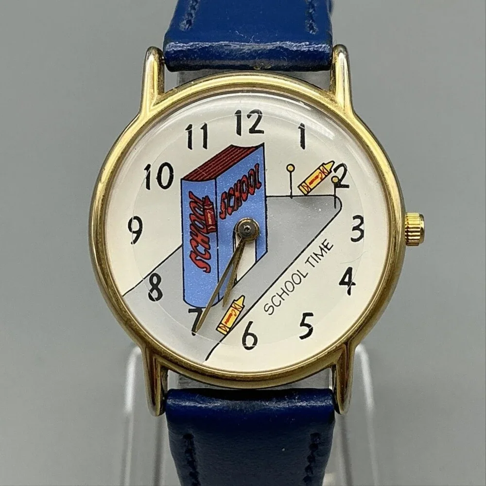 Vintage School Time Womens Watch 28mm Gold Tone Blue Leather Teacher New Battery